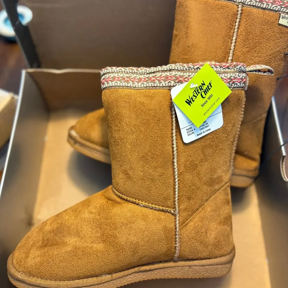 Western Chief Pawnee Mid Calf Boots 8 NWT Tan Ankle Booties Vegan Suede Faux Fur